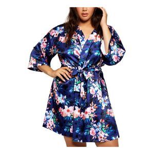 NWT I COLLECTION Intimates Navy Kimono Style Sleeves Wrap Style Robe Plus 3\4X